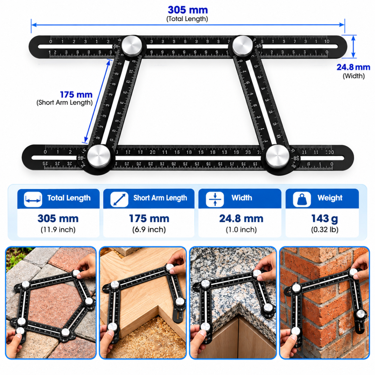 Four-Angle Ultimate Tile Template Tool Protractor Multi-Angle Ruler Layout Measuring ^ Tool Angle Ruler