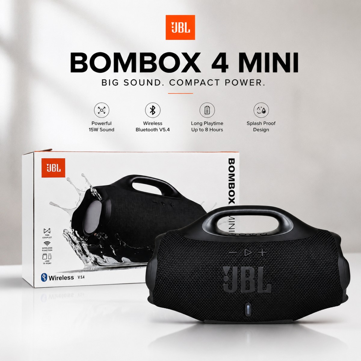 JBL Boombox 4 Mini Portable Wireless Speaker – 15W Power, Bluetooth 5.4, TWS Stereo, 1800mAh Battery, 8H Playtime & Splashproof Outdoor Speaker