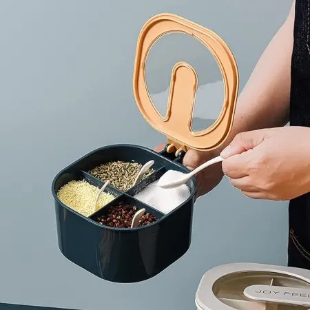 Multi Storage 4 Section Kitchen Spices Lid Box With Spoons pice Storage Spice Containers with Serving Spoons Spices Storage Box