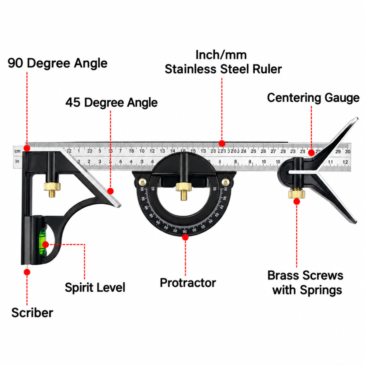 Multifunctional Combination Angle Ruler High-Precision Stainless Steel 90° Level Square Carpenter's Dedicated Protractor Tool