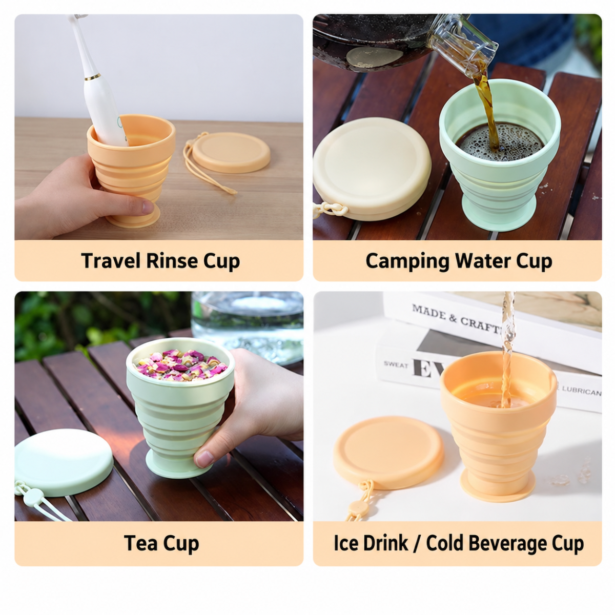 Portable Foldable Collapsible outdoor Travel Silicone Coffee Cup with cover folding water -Coffee Mug