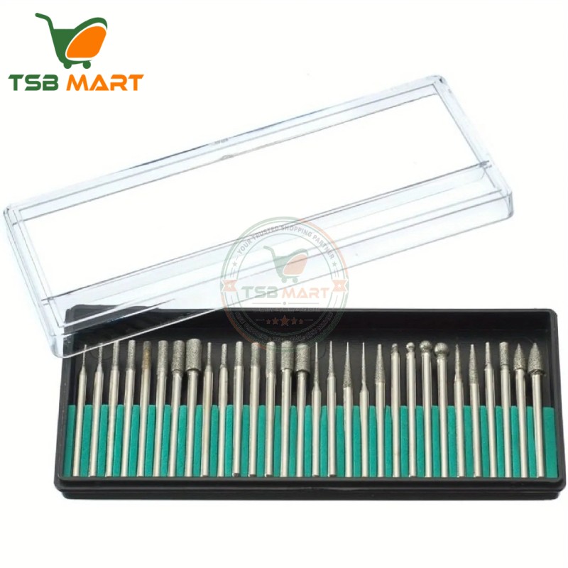 30-Piece 3mm handle Diamond Burr Drill Bit Set For Rotary Tools - 1/8" Shank, Ideal For Metal & Woodworking, Routing, Sanding & Carving