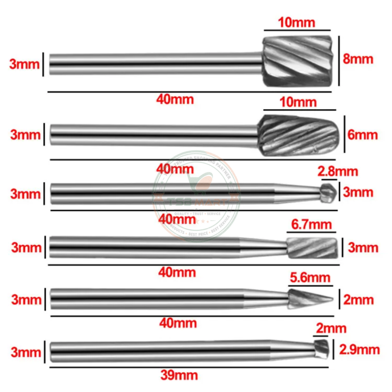 6Pcs 3mm handle High-speed Steel Woodworking Small Rotary File Grinding Head DIY Carpenter Polishing and Trimming Electric Tool Set