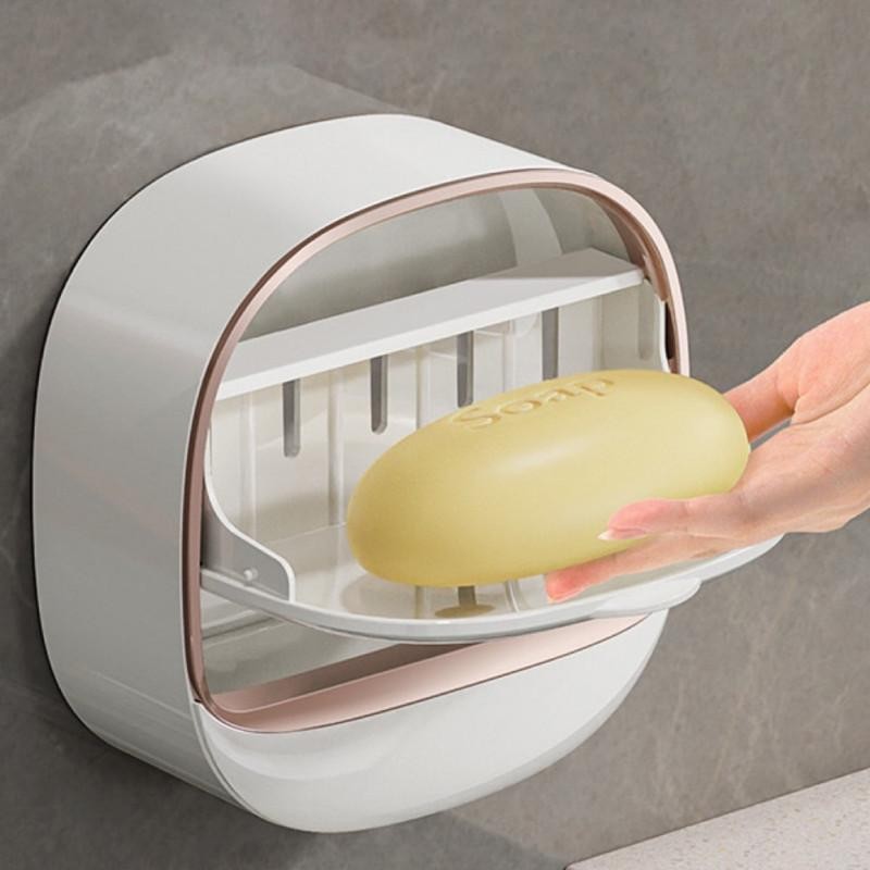 Punch Free Soap Holder with Lid Drain Flip Top Waterproof Bathroom Rack Wall Mounted
