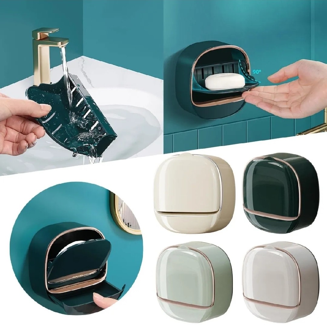 Punch Free Soap Holder with Lid Drain Flip Top Waterproof Bathroom Rack Wall Mounted