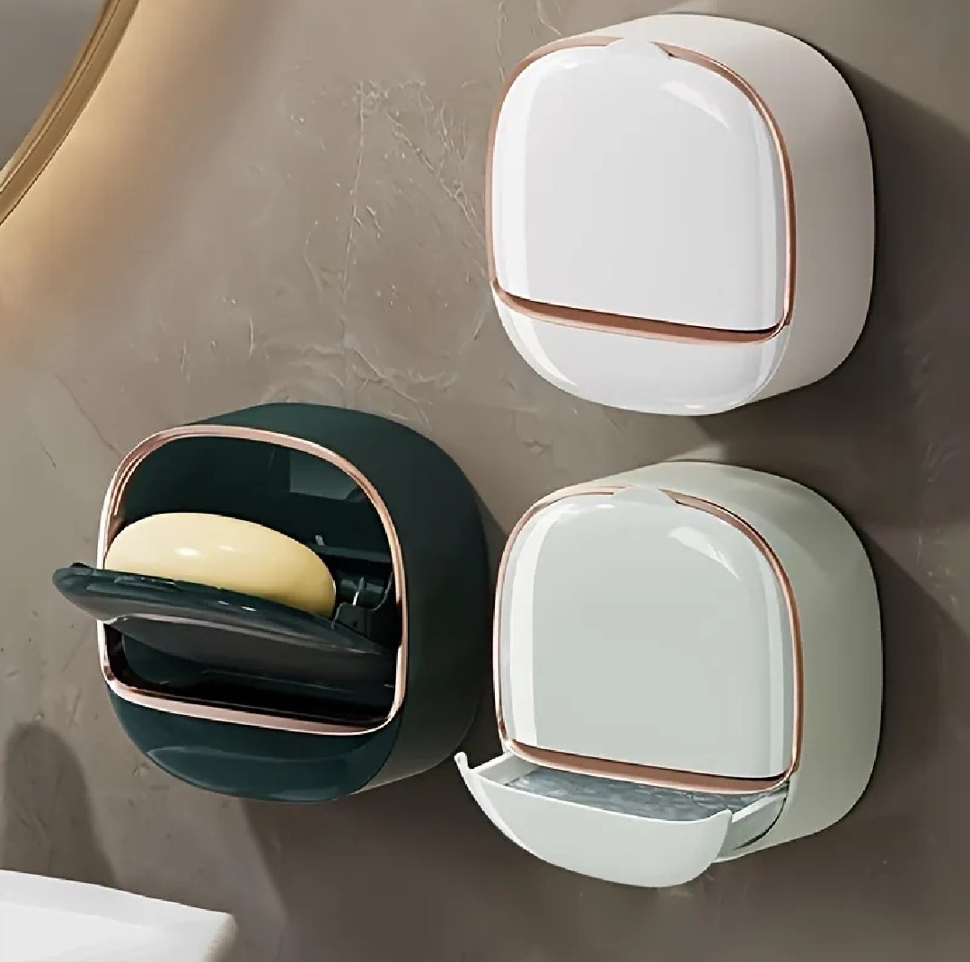 Punch Free Soap Holder with Lid Drain Flip Top Waterproof Bathroom Rack Wall Mounted