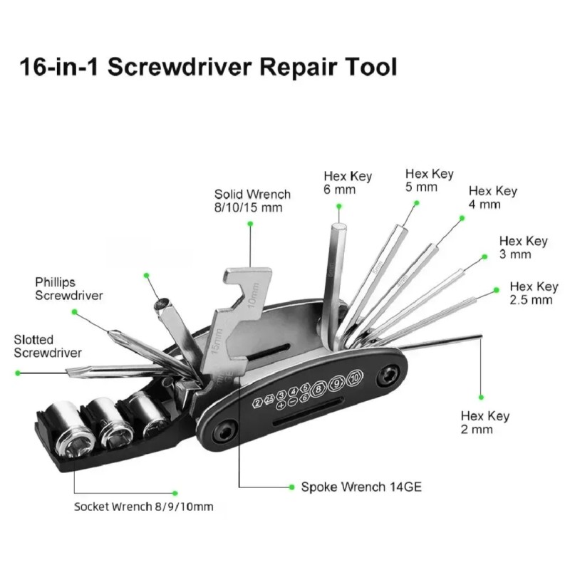 16 in 1 Multi Function Bike, Bicycle, Mechanic Repair Tool Kit Set