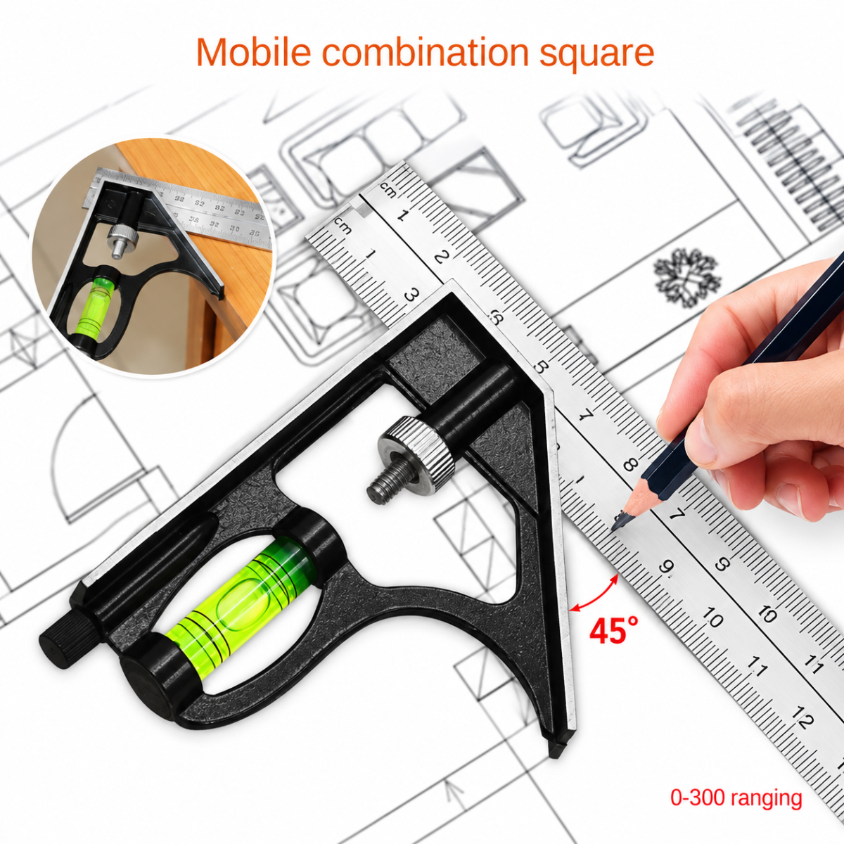 300mm Stainless Steel Angle  Combination Square Ruler Mobile Horizontal Movable 45Degree Right Carpenter Woodworking Level Moving