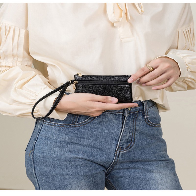 double zipper change purse mini coin bag wrist strap hand bag short small wallet
