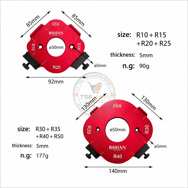 R10-R50 Aluminum Alloy Round Corner Radius Template Set, Router Table Jig for Woodworking, Arc Cutting Aid with Removable Clip