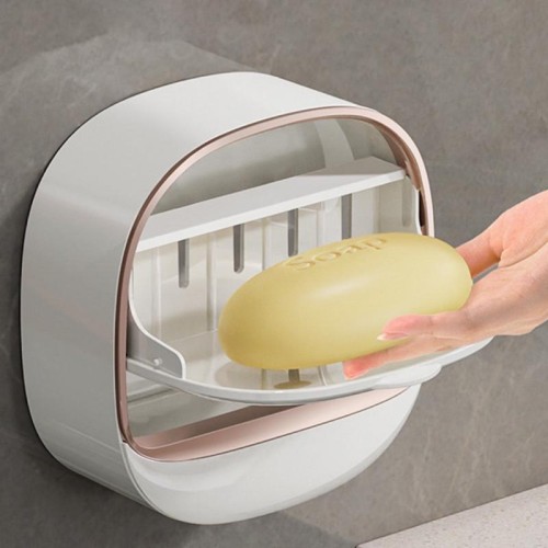 Punch Free Soap Holder with Lid Drain Flip Top Waterproof Bathroom Rack Wall Mounted